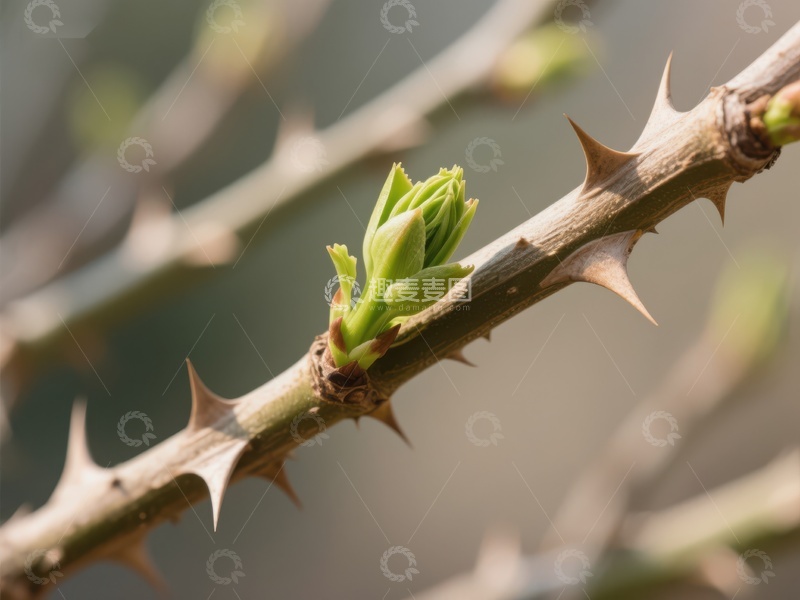 高清大图下载【趣麦麦图】新芽初绽的带刺枝条