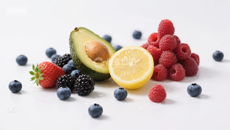 高清大图下载【趣麦麦图】新鲜水果组合：柠檬、浆果与牛油果