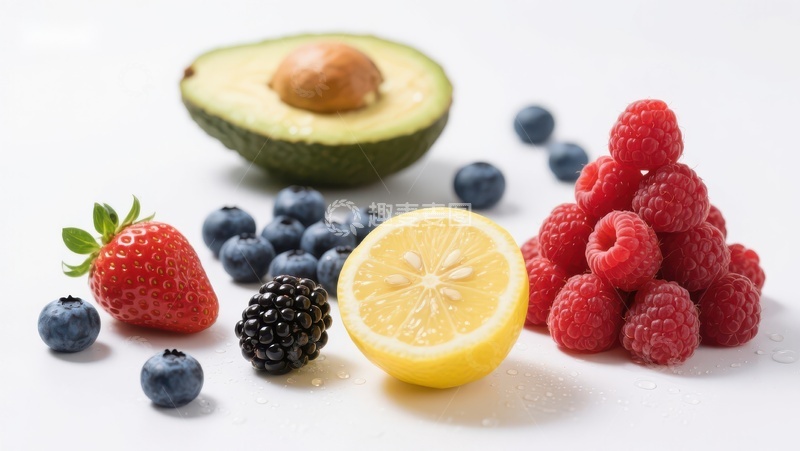 高清大图下载【趣麦麦图】新鲜水果组合：草莓、蓝莓、柠檬与树莓