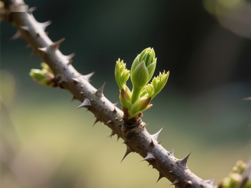 新芽在带刺枝条上生长