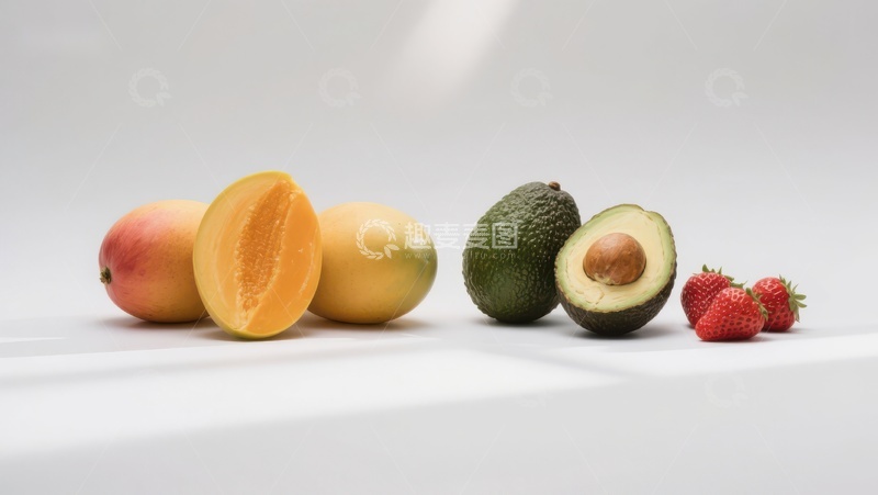 高清大图下载【趣麦麦图】新鲜水果展示：芒果、牛油果与草莓