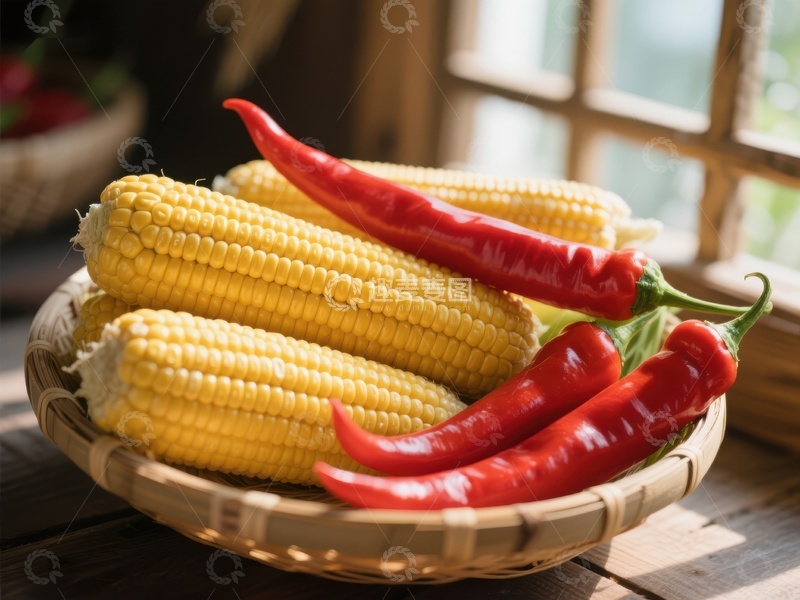 高清大图下载【趣麦麦图】新鲜玉米与红辣椒的组合