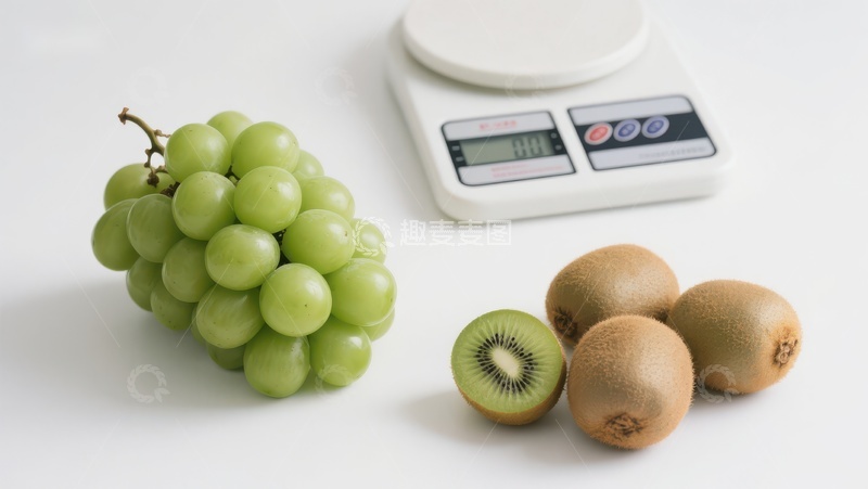 高清大图下载【趣麦麦图】葡萄与猕猴桃旁的电子秤
