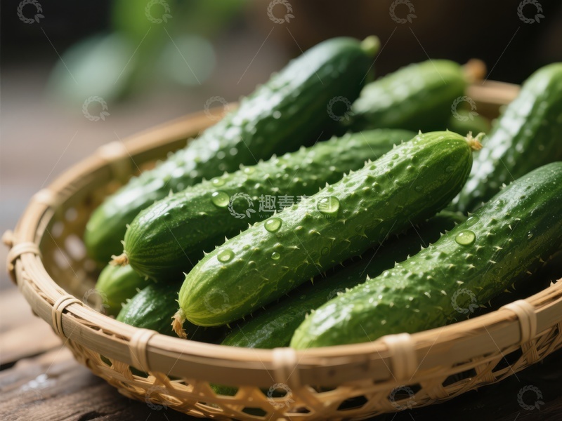 高清大图下载【趣麦麦图】新鲜黄瓜置于竹篮中