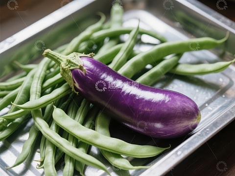 紫色茄子与绿色豆角的静物组合