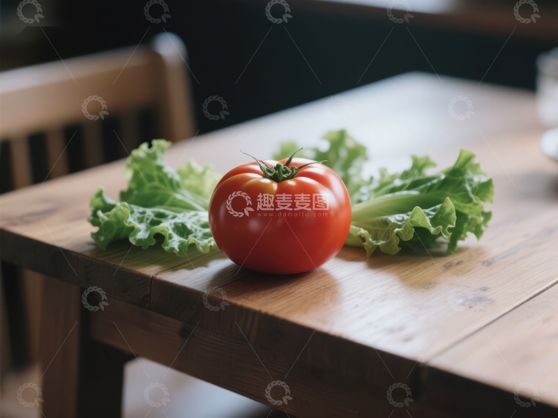 高清大图下载【趣麦麦图】新鲜番茄与生菜置于木质桌面