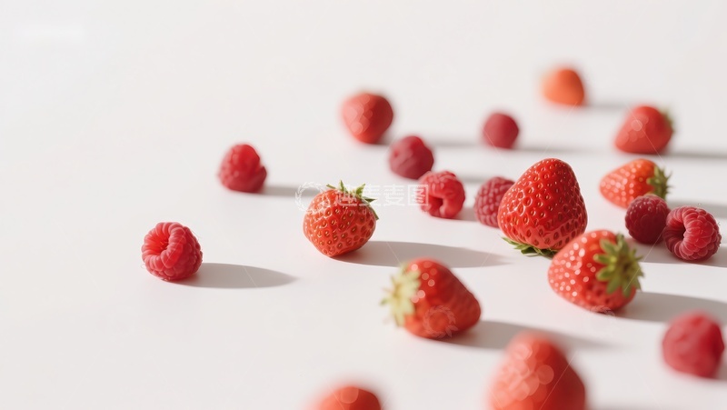 高清大图下载【趣麦麦图】新鲜草莓与覆盆子散落白背景