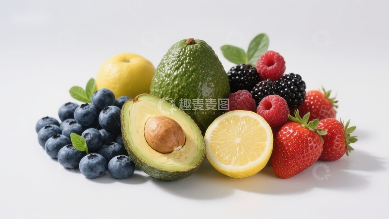高清大图下载【趣麦麦图】新鲜水果组合：蓝莓、草莓、牛油果和柠檬