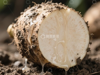 新鲜挖掘的芋头，乳白色汁液滴落
