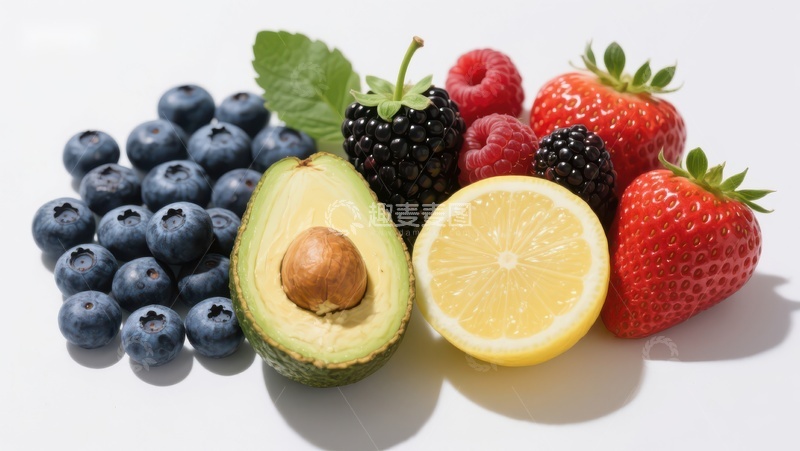 高清大图下载【趣麦麦图】新鲜水果组合：蓝莓、草莓、柠檬与牛油果