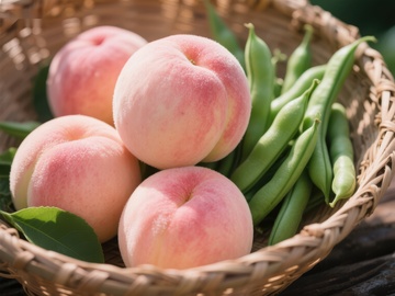 篮中新鲜桃子与四季豆