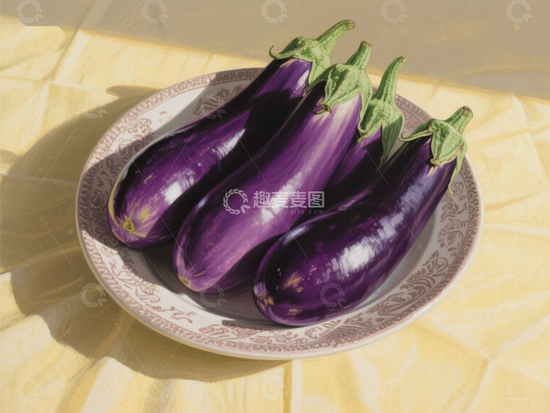 高清大图下载【趣麦麦图】盘中紫色茄子的静物写生