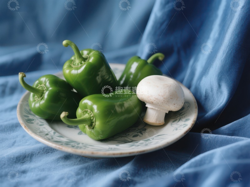 高清大图下载【趣麦麦图】青椒与蘑菇置于蓝布上的盘中