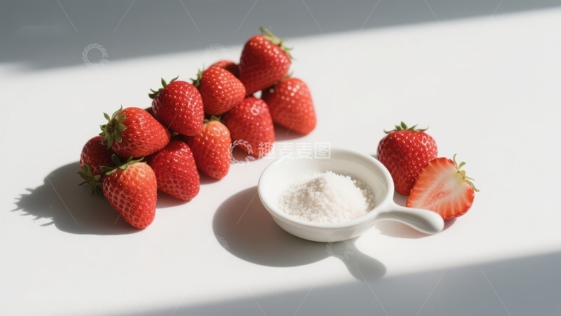 高清大图下载【趣麦麦图】草莓与糖粉的静物组合