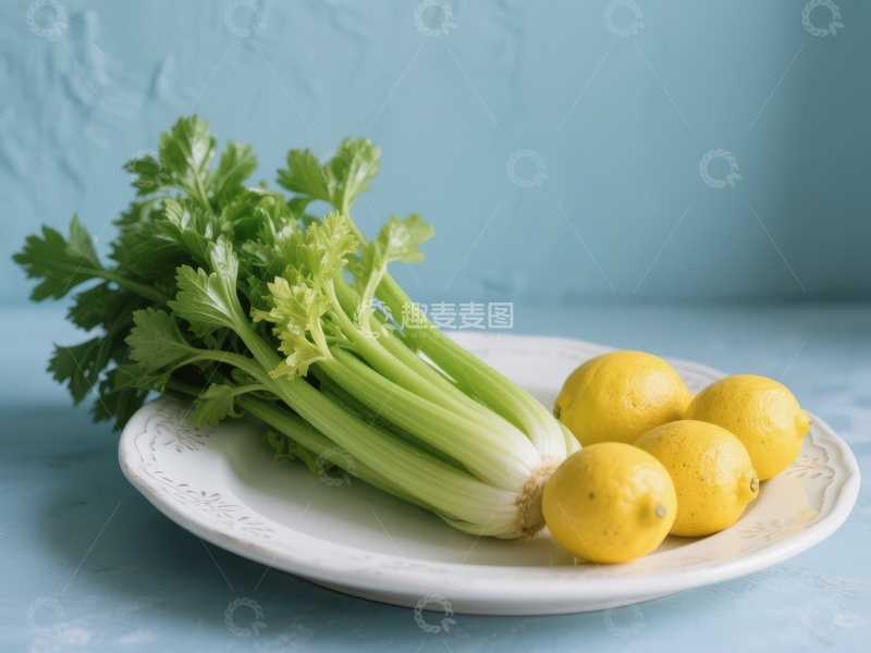 高清大图下载【趣麦麦图】芹菜与柠檬置于白色盘中