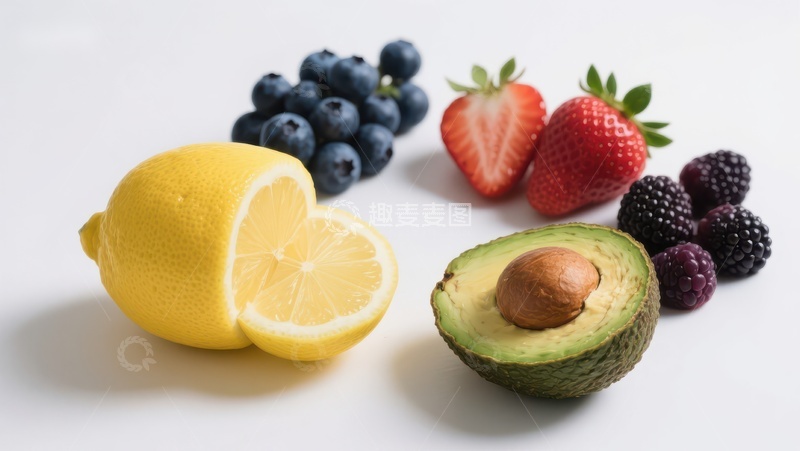 高清大图下载【趣麦麦图】新鲜水果组合：柠檬、蓝莓、草莓、黑莓和牛油果