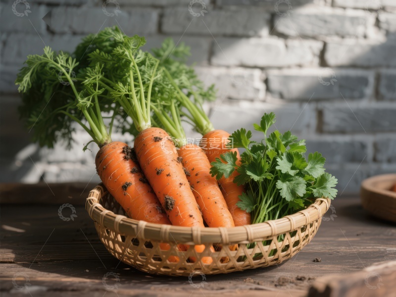 高清大图下载【趣麦麦图】新鲜胡萝卜与香菜置于竹篮中