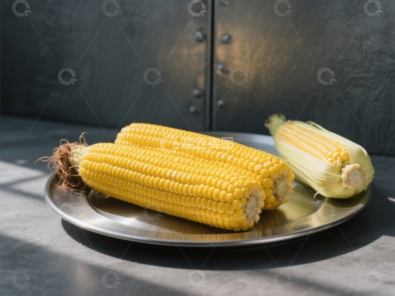 高清大图下载【趣麦麦图】新鲜玉米棒置于金属盘中
