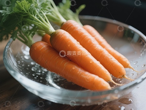 新鲜胡萝卜置于透明玻璃碗中