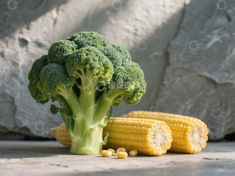 高清大图下载【趣麦麦图】新鲜西兰花与玉米的静物组合