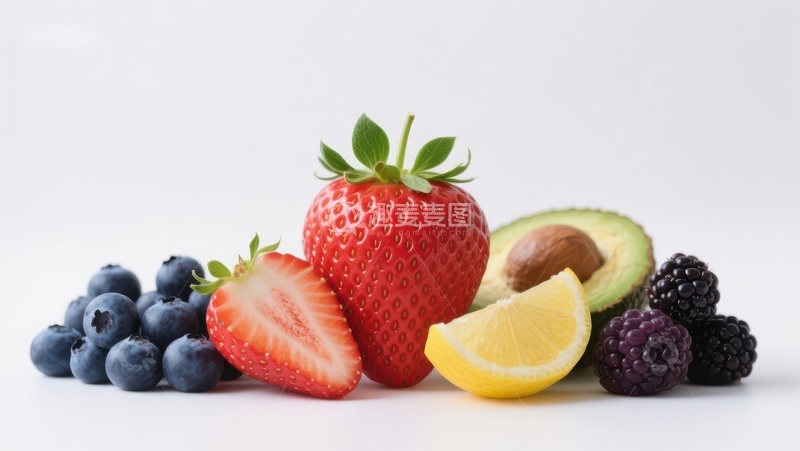 高清大图下载【趣麦麦图】新鲜水果组合：草莓、蓝莓、黑莓与柠檬