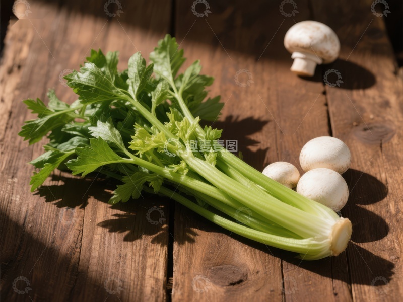 高清大图下载【趣麦麦图】新鲜芹菜与蘑菇置于木质桌面