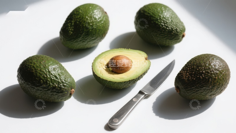 高清大图下载【趣麦麦图】新鲜牛油果与刀具的静物组合