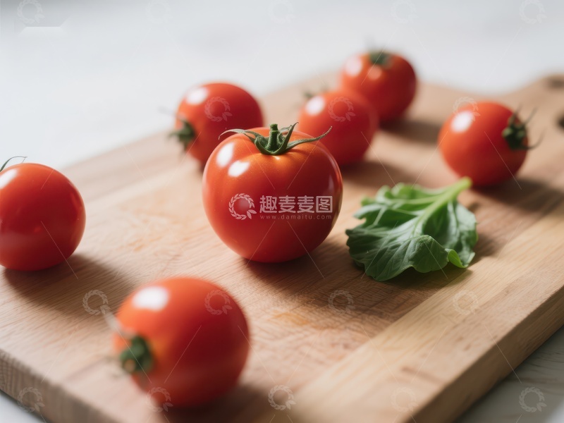 高清大图下载【趣麦麦图】新鲜番茄与绿叶置于木板上