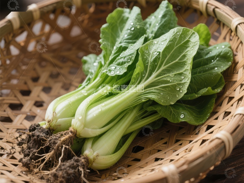 高清大图下载【趣麦麦图】新鲜青菜置于竹篮中