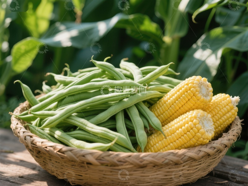 高清大图下载【趣麦麦图】新鲜豆角与玉米置于篮中