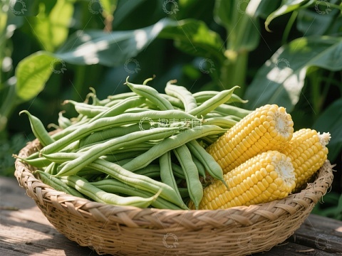 新鲜豆角与玉米置于篮中