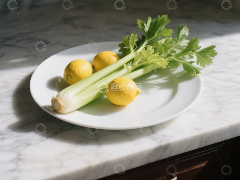 高清大图下载【趣麦麦图】柠檬与芹菜置于白色盘中