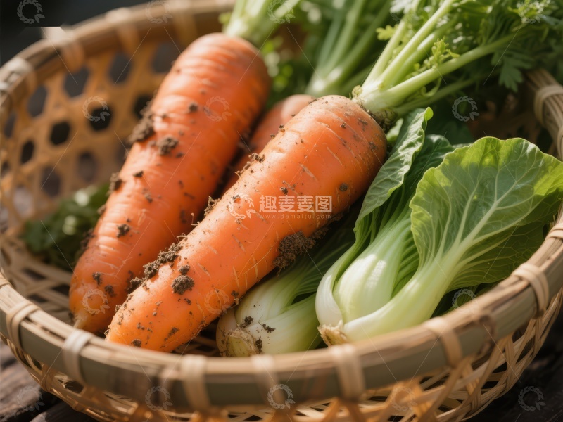 高清大图下载【趣麦麦图】新鲜胡萝卜与白菜置于竹篮中