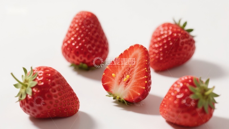 高清大图下载【趣麦麦图】新鲜草莓特写，一颗切半展示