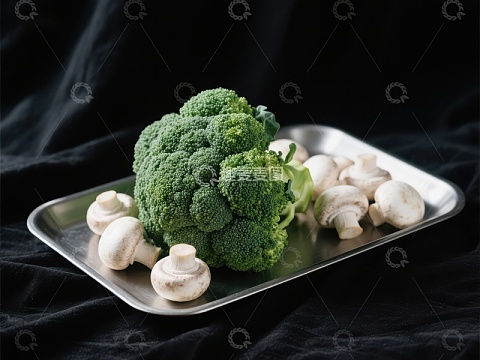 新鲜西兰花与蘑菇置于银盘