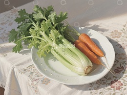 新鲜胡萝卜与芹菜置于盘中