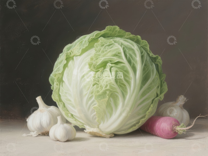高清大图下载【趣麦麦图】白菜与大蒜、洋葱的静物画