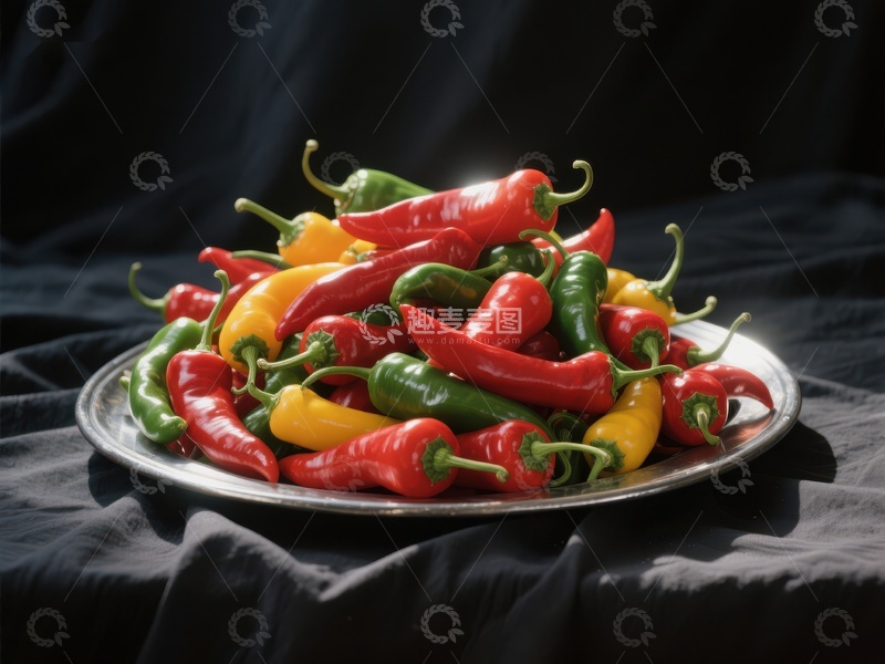 高清大图下载【趣麦麦图】色彩斑斓的辣椒堆放在银盘上