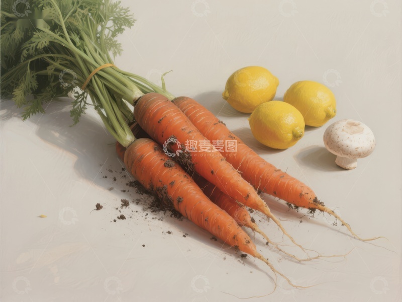 高清大图下载【趣麦麦图】新鲜胡萝卜与柠檬蘑菇静物图
