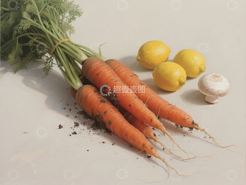 新鲜胡萝卜与柠檬蘑菇静物图