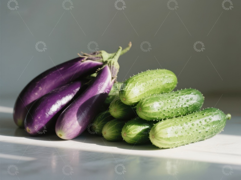 高清大图下载【趣麦麦图】紫色茄子与绿色黄瓜的静物组合