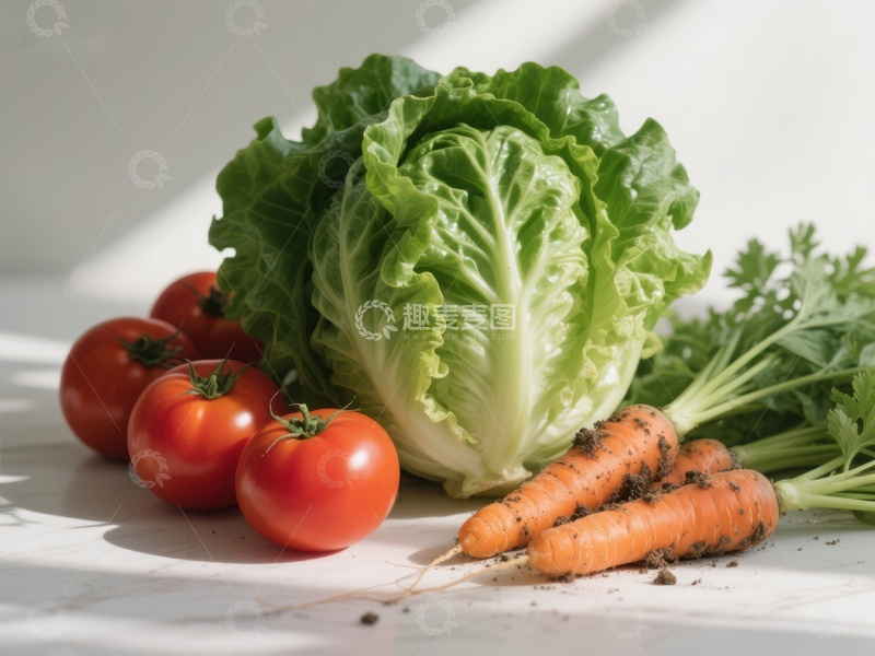 高清大图下载【趣麦麦图】新鲜蔬菜组合：生菜、胡萝卜与番茄
