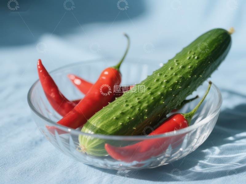 高清大图下载【趣麦麦图】黄瓜与红辣椒置于透明碗中