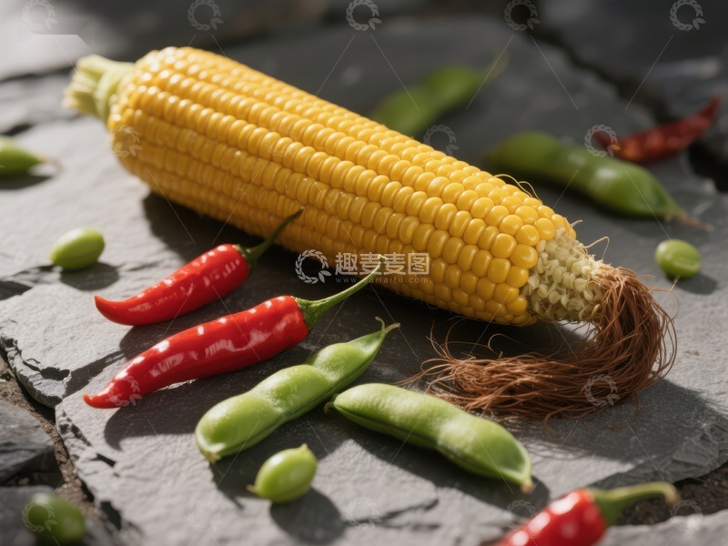 高清大图下载【趣麦麦图】玉米与辣椒豌豆的静物组合