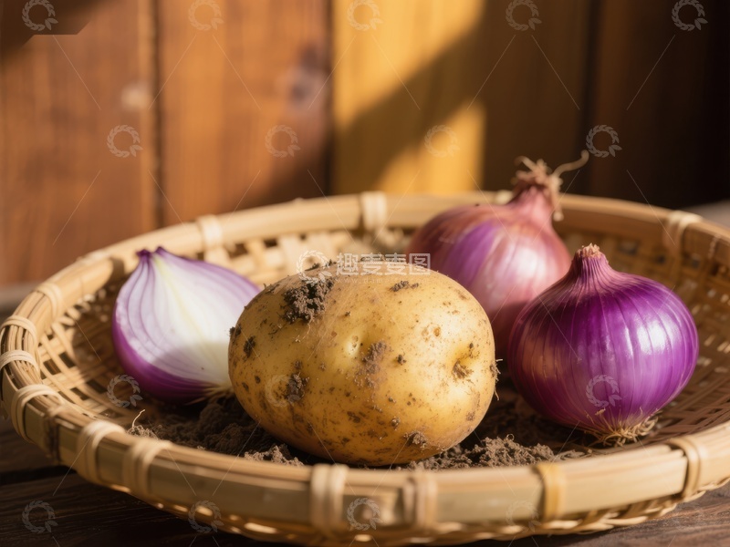 高清大图下载【趣麦麦图】土豆与洋葱置于竹篮中