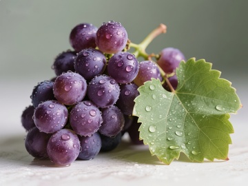 新鲜紫葡萄与绿叶上的水珠