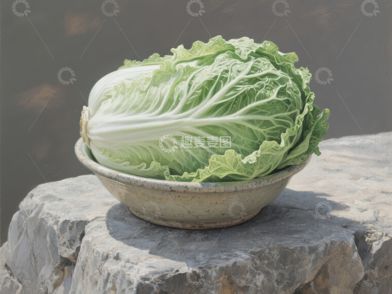 高清大图下载【趣麦麦图】白菜置于石台上的陶碗中