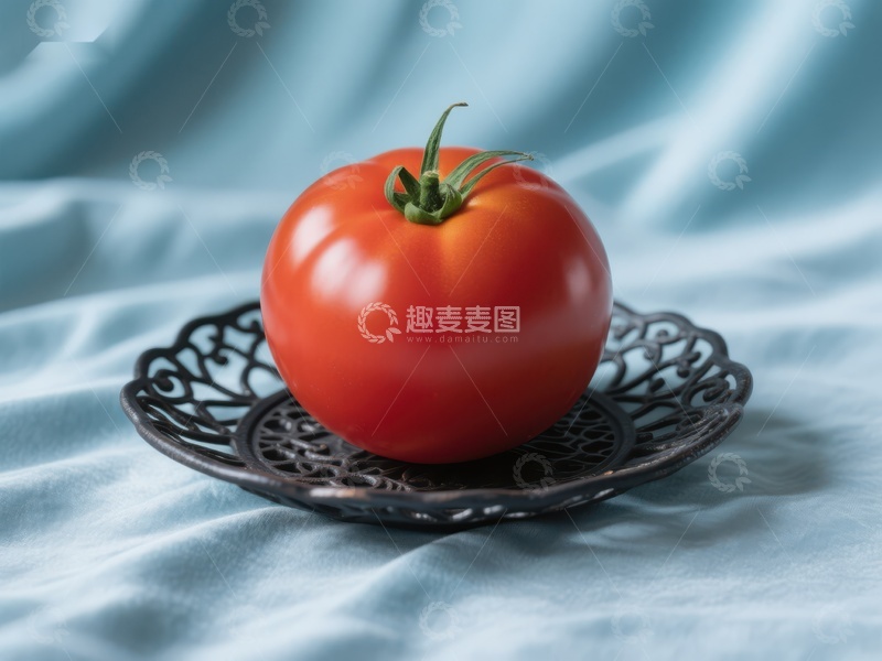 高清大图下载【趣麦麦图】鲜红番茄置于精美铁艺盘中