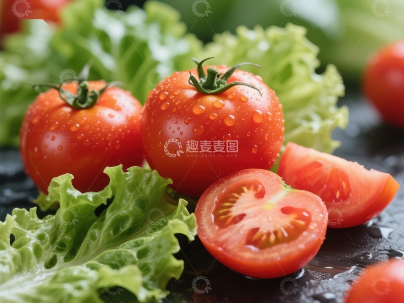 高清大图下载【趣麦麦图】新鲜番茄与生菜的特写