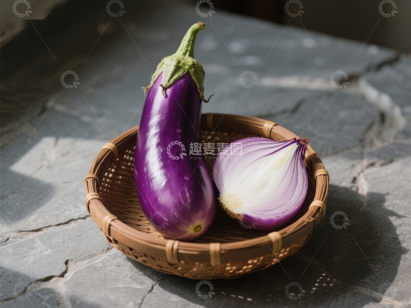 高清大图下载【趣麦麦图】紫茄子与洋葱置于竹篮中